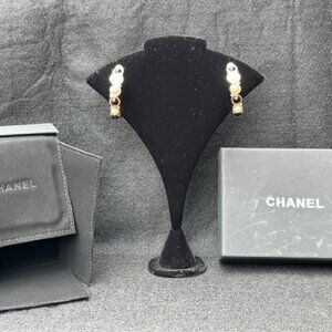 Signed Chanel Black Crystal & Faux Pearl Gold Hoop Earrings